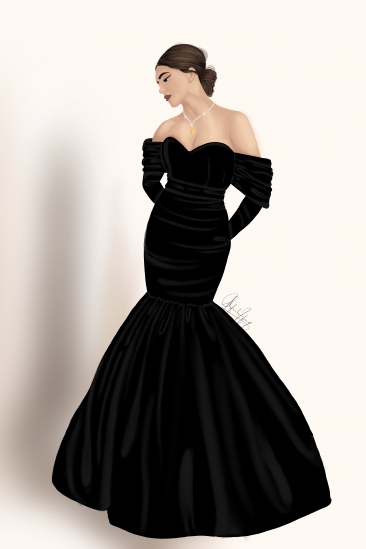 A digital illustration of Deepika Padukone in custom made Louis Vuitton black velvet dress for the oscars 2023